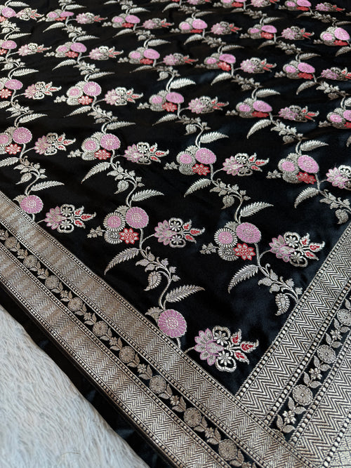 Black Meena Mashru Kataan Silk Saree MKS07