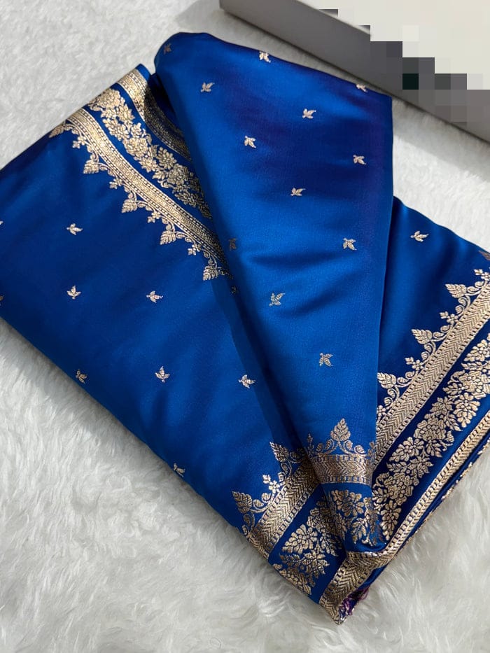 Banarasi Mashru Kataan Silk Saree Featuring Small Buti Pattern with Ikkat Border and Zari Pallu – MKS407
