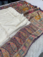 Royal Cream Purple Modaal Silk Saree with Pashmina Woven Pallu & Fancy Handwork | MKS663