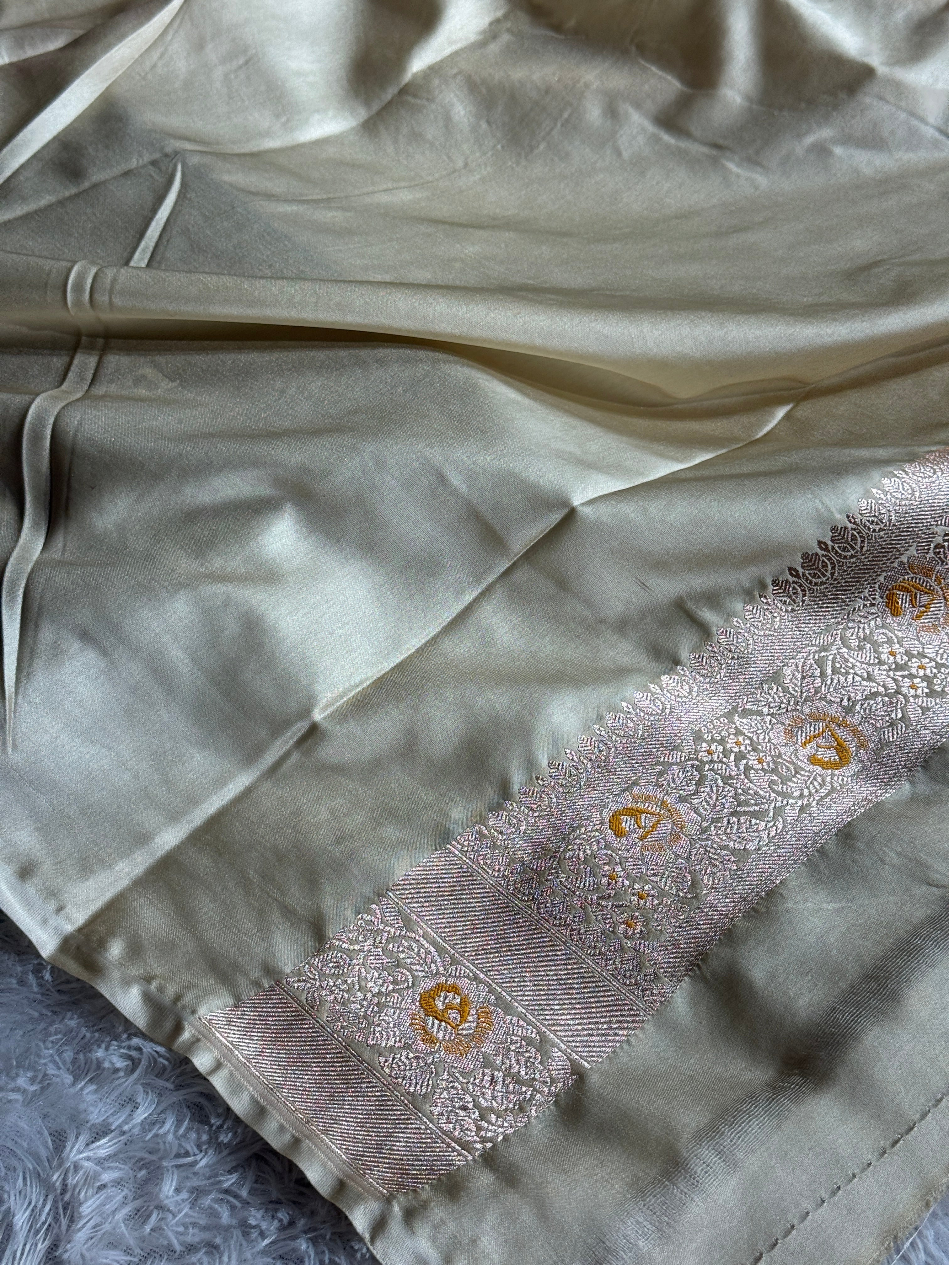 Beige Luxury Banarasi Mashru Silk Saree with Intricate Jaal Meena Work MKS126