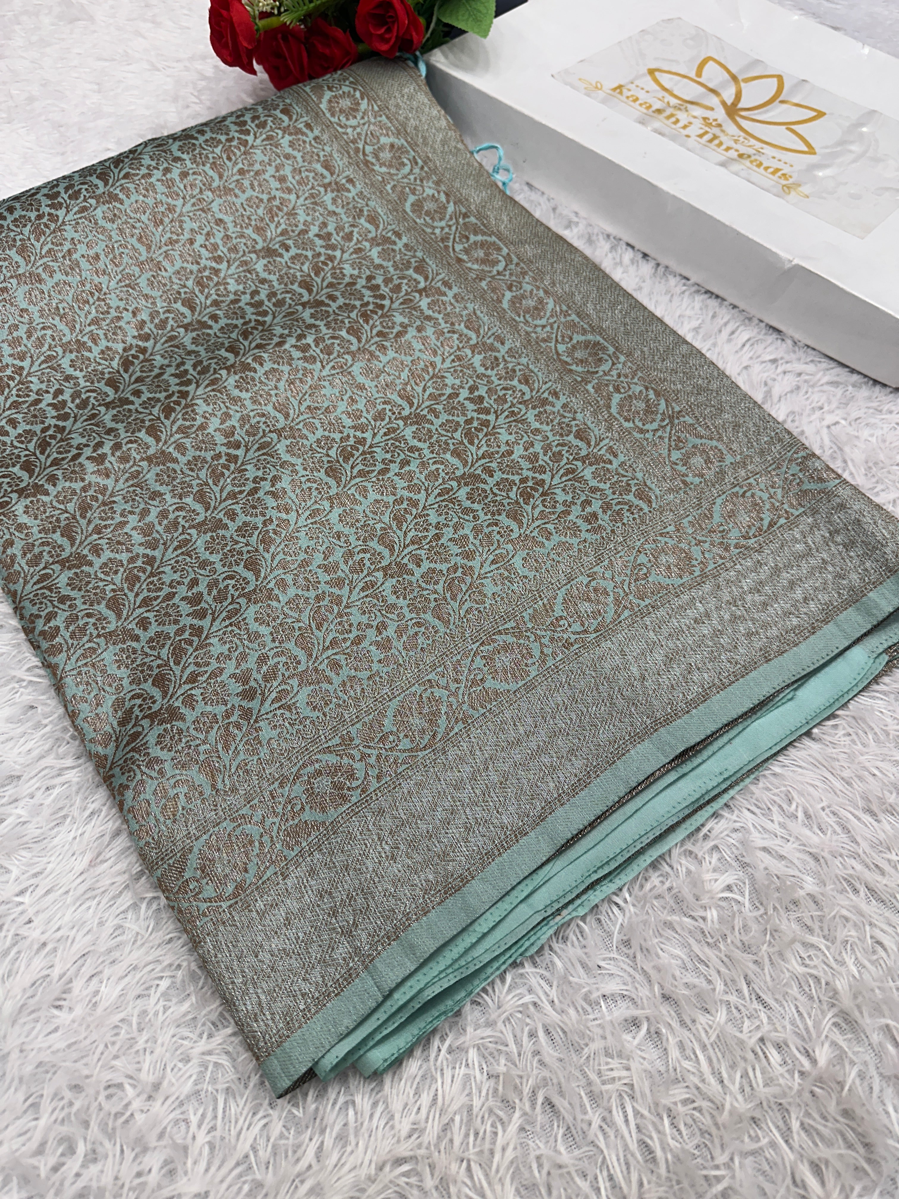 Sea green Banarasi Dupion Silk Saree with Embossed Antique Zari Weaving & Rich Antique Zari Pallu | STF75