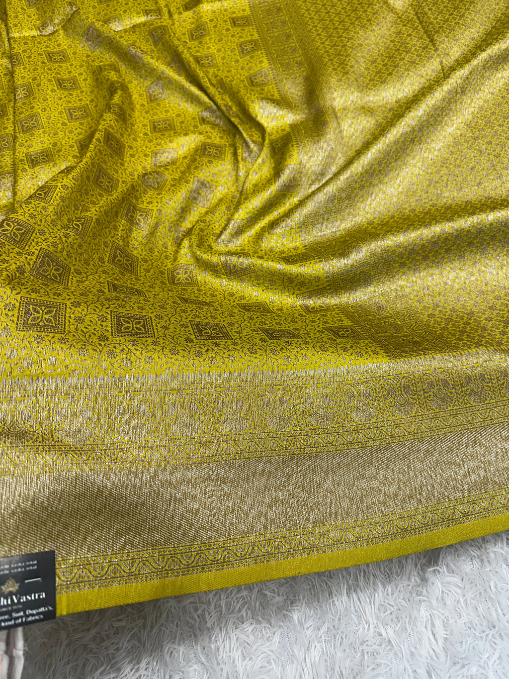 Lemon yellow Banarasi Dupion Silk Saree with Embossed Antique Zari Weaving & Rich Antique Zari Pallu | STF108