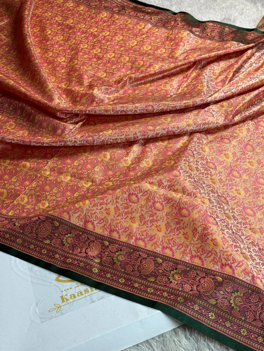 Beige with Green Banarasi Mashru Silk Saree with Jamawar Woven Design JMW11