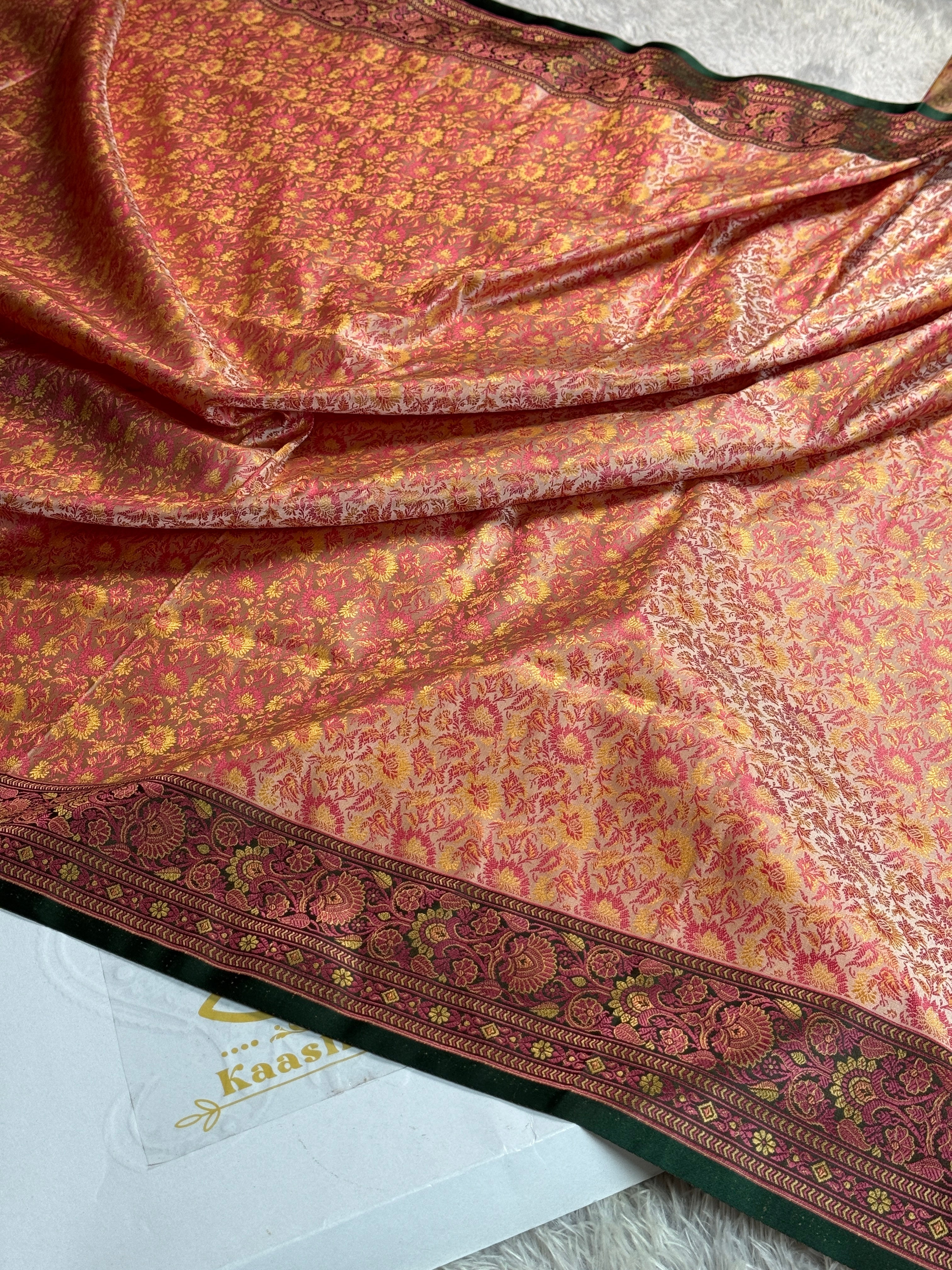 Beige with Green Banarasi Mashru Silk Saree with Jamawar Woven Design JMW11