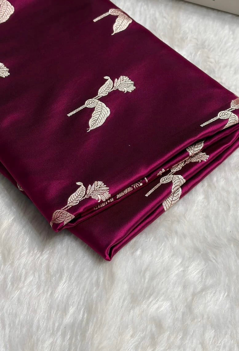 Banarasi Mashru Kataan Silk Saree Featuring Flower Buta Design with Ikkat Border and Zari Pallu – MKS409