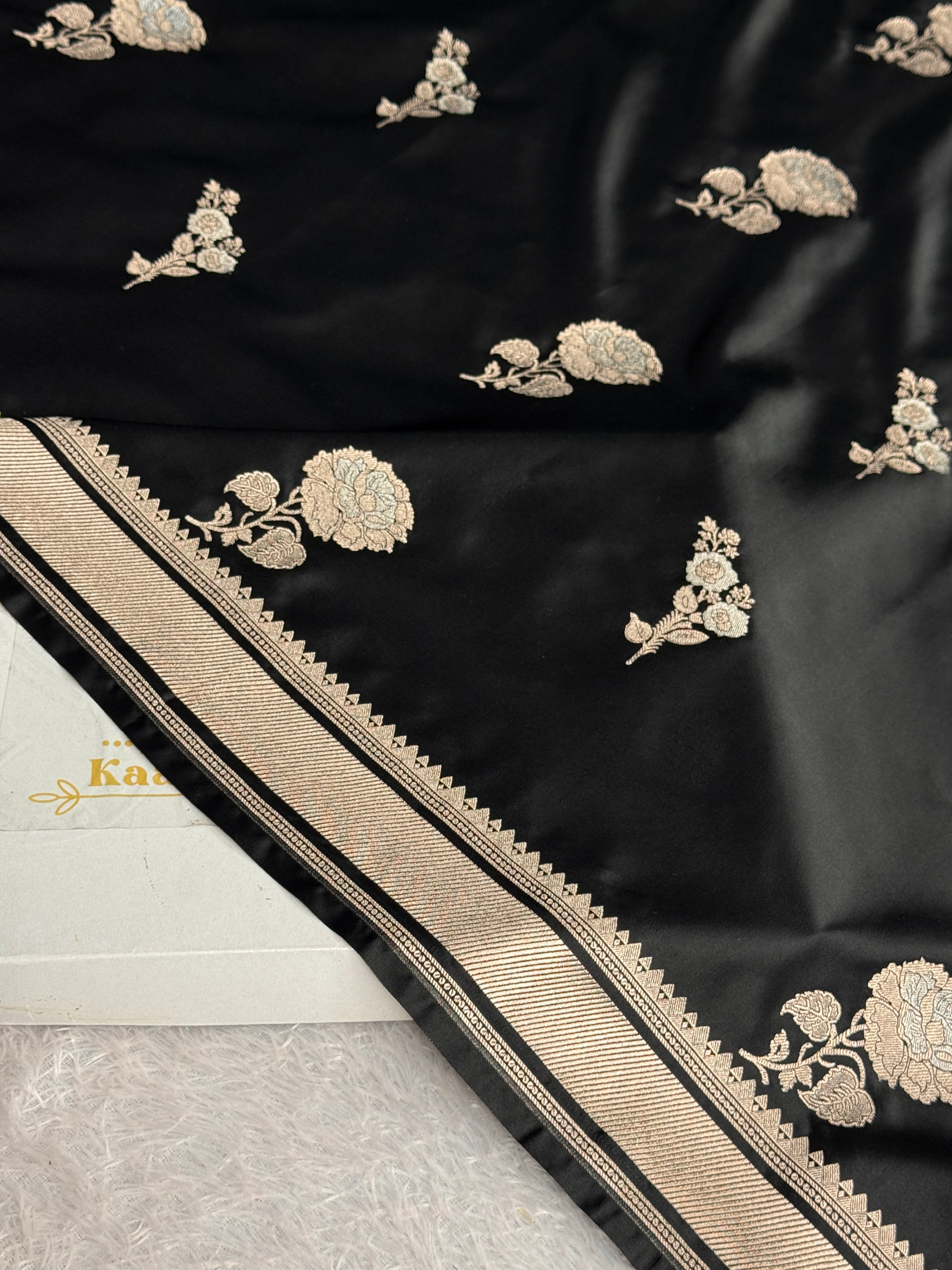 Black Mashru Kataan Silk Banarasi Saree with Silver Meena Weaving | MKS723