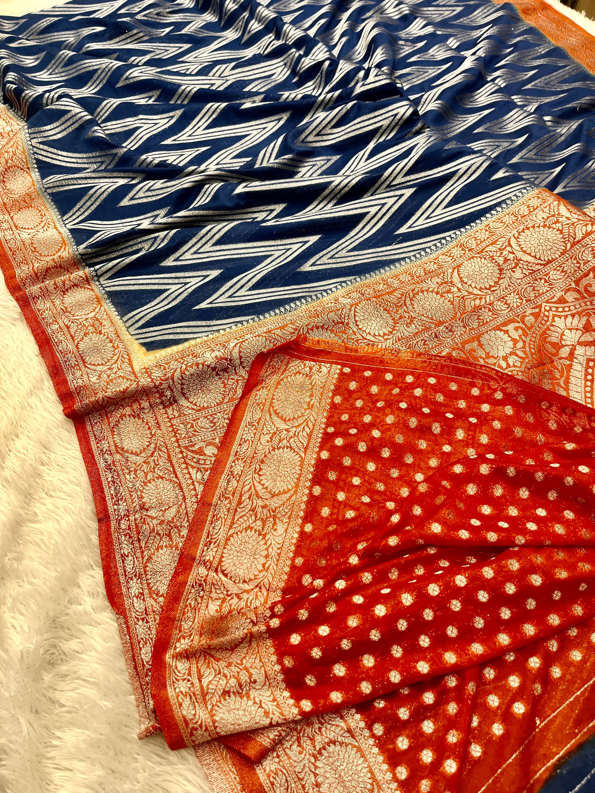 K Chinon Silk Zig Zag Design Navy with Orange Color Saree CN09