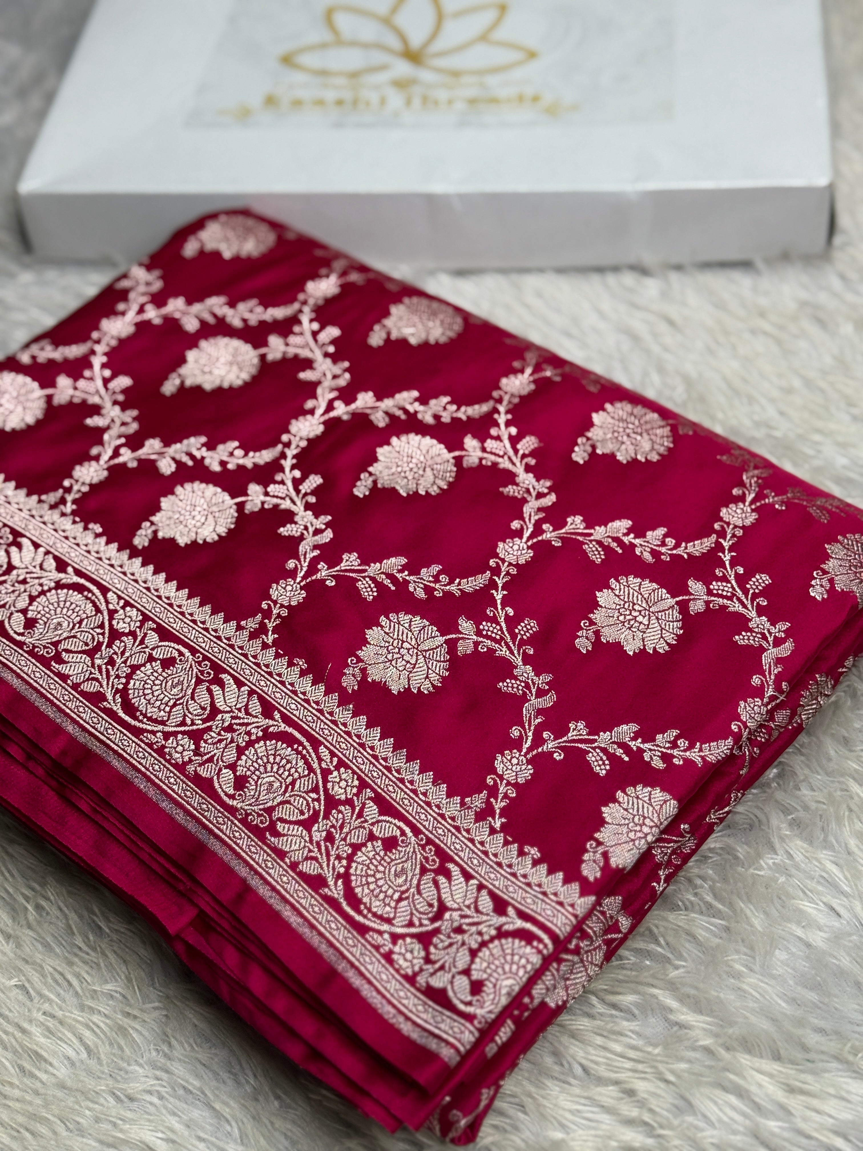 Maroon Banarasi Mashru Silk Saree with Jaal Woven Design & Satin Patta Border MKS226