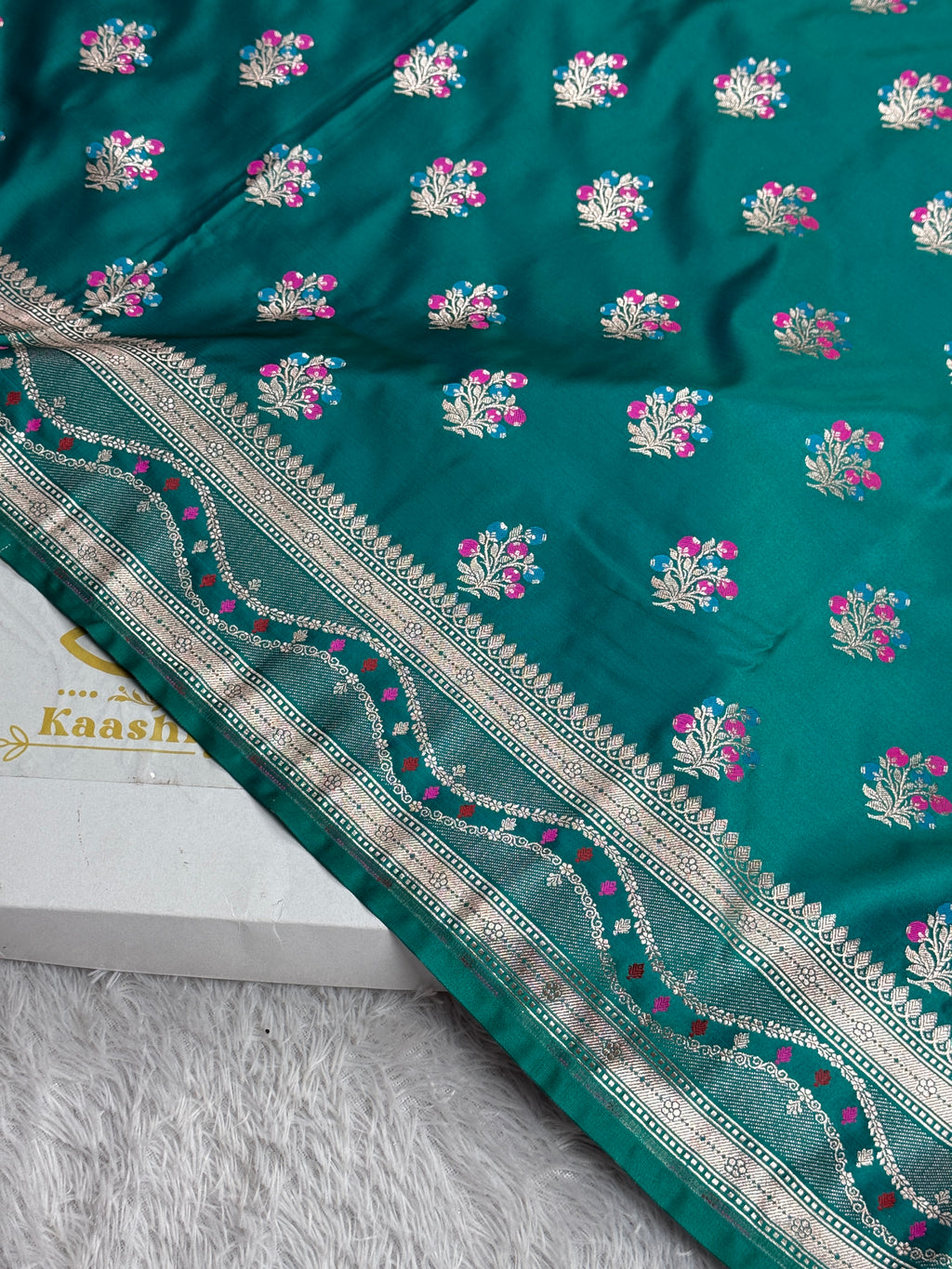 Sea Blue Buta Meenakari Banarasi Mashru Silk Saree | Satin Mashru Silk | Kaashi Threads | MKS514