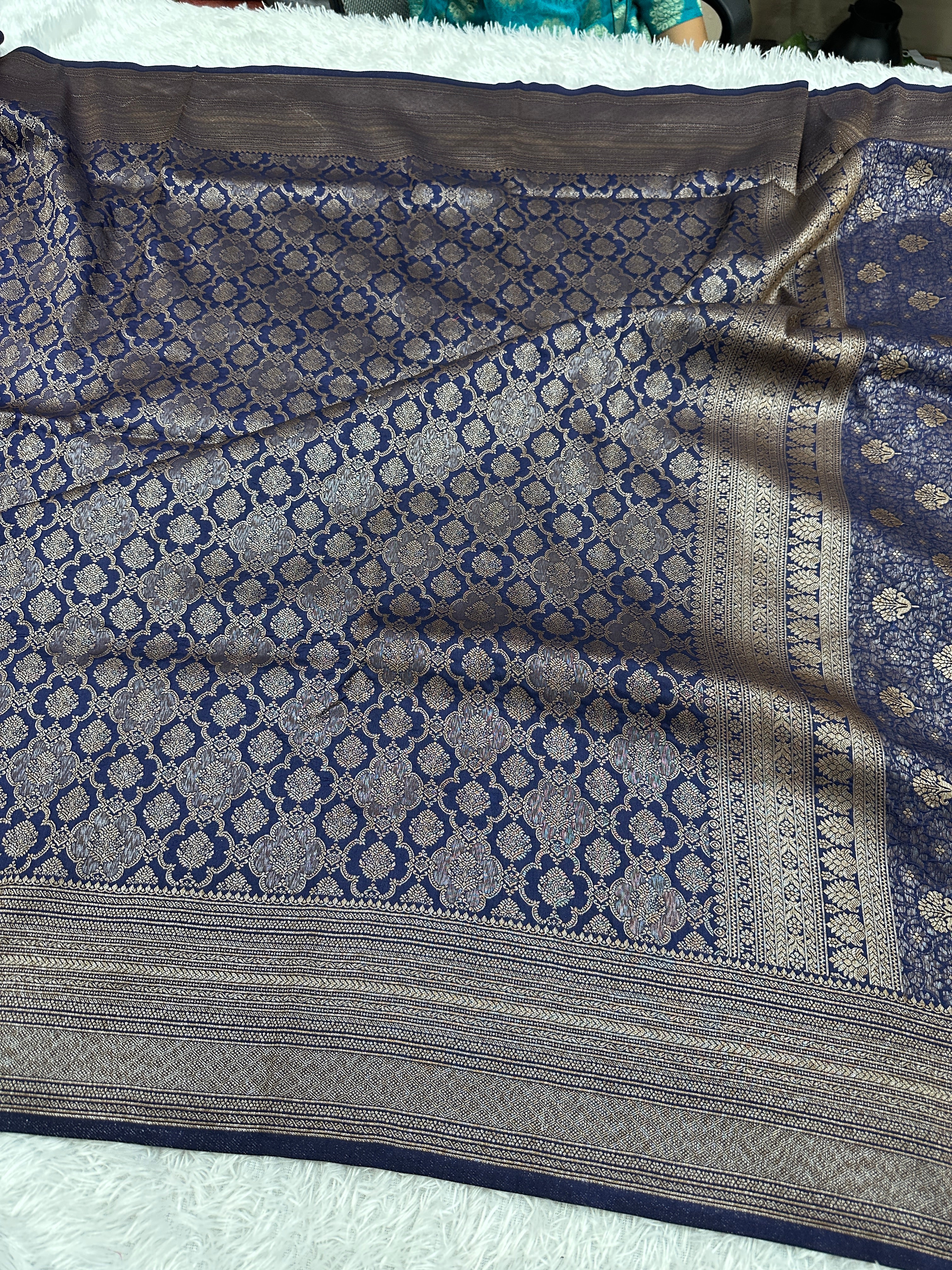 Navy blue Banarasi Dupion Silk Saree with Embossed Antique Zari Weaving & Rich Antique Zari Pallu | STF97