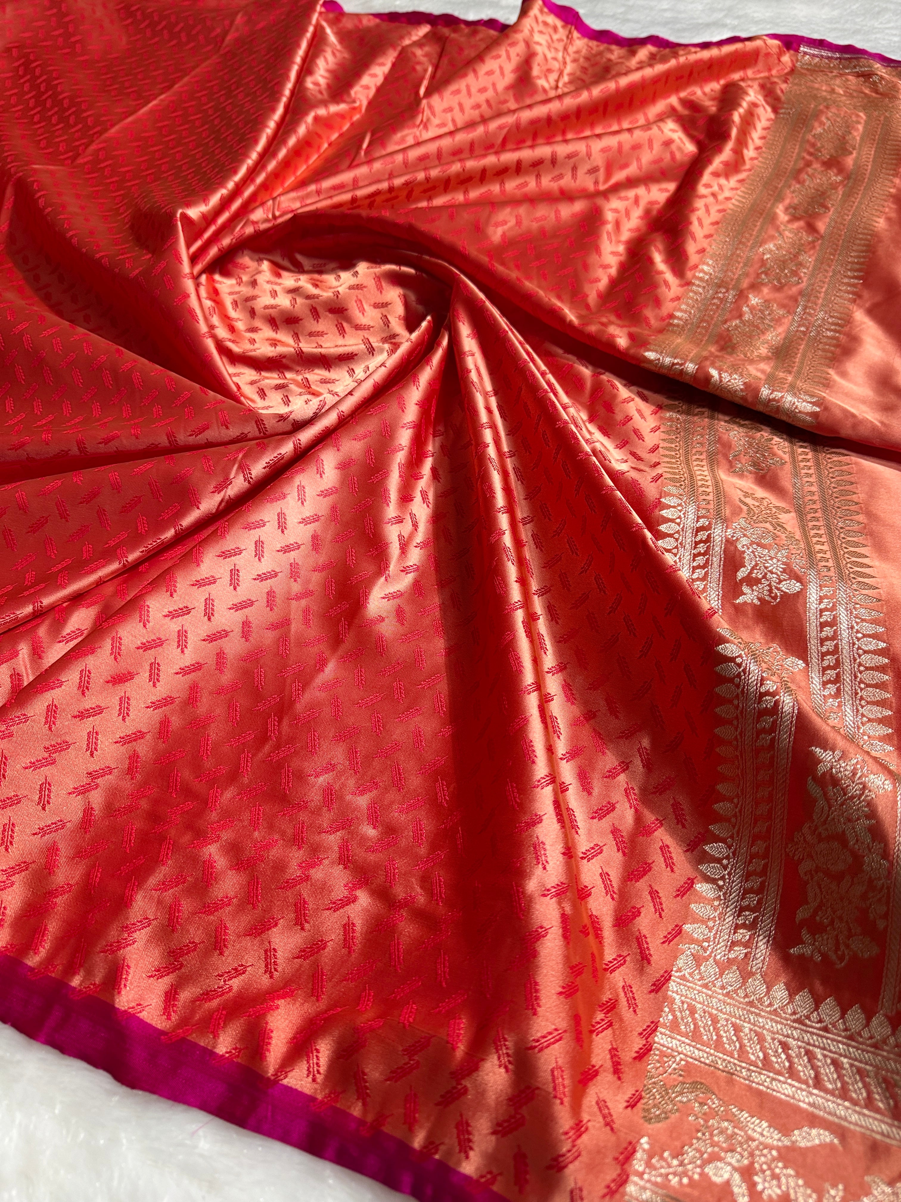Peach Banarasi Mashru Silk Saree with Jacquard Woven Flower Buta & Rupa Sona Zari Highlights MKS086
