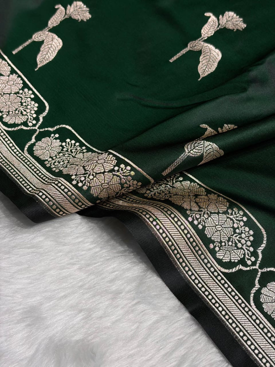 Banarasi Mashru Kataan Silk Saree Featuring Flower Buta Design with Ikkat Border and Zari Pallu – MKS409