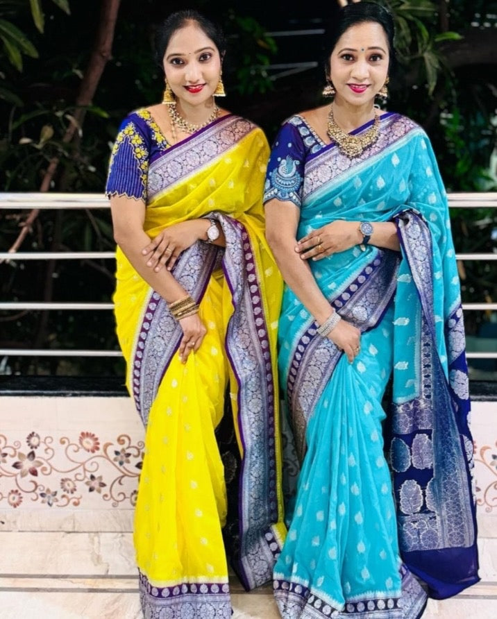 Semi Georgette Silk Saree with Leaf Buta & Rich Zari Pallu – SM61