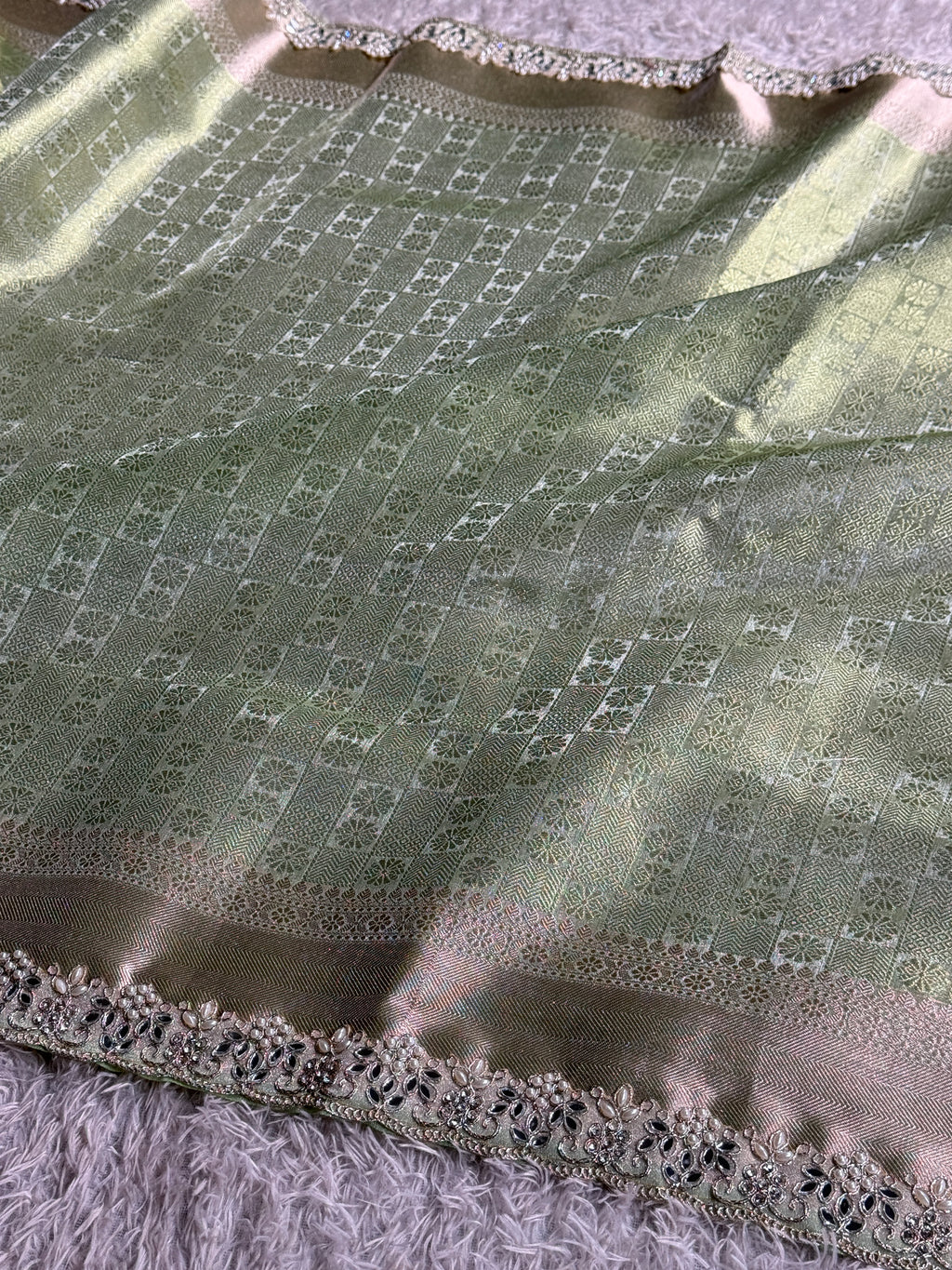 Pista Tissue Silk Saree with Moti Lace & Rich Zari Pallu | TS58