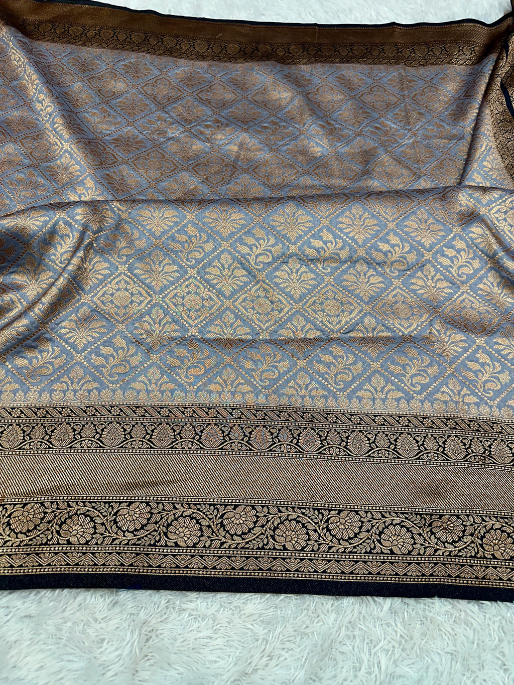 Grey & Black Contrast Banarasi Dupion Silk Saree with Embossed Antique Zari Weaving & Rich Antique Zari Pallu | STF63