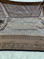 Grey & Black Contrast Banarasi Dupion Silk Saree with Embossed Antique Zari Weaving & Rich Antique Zari Pallu | STF63