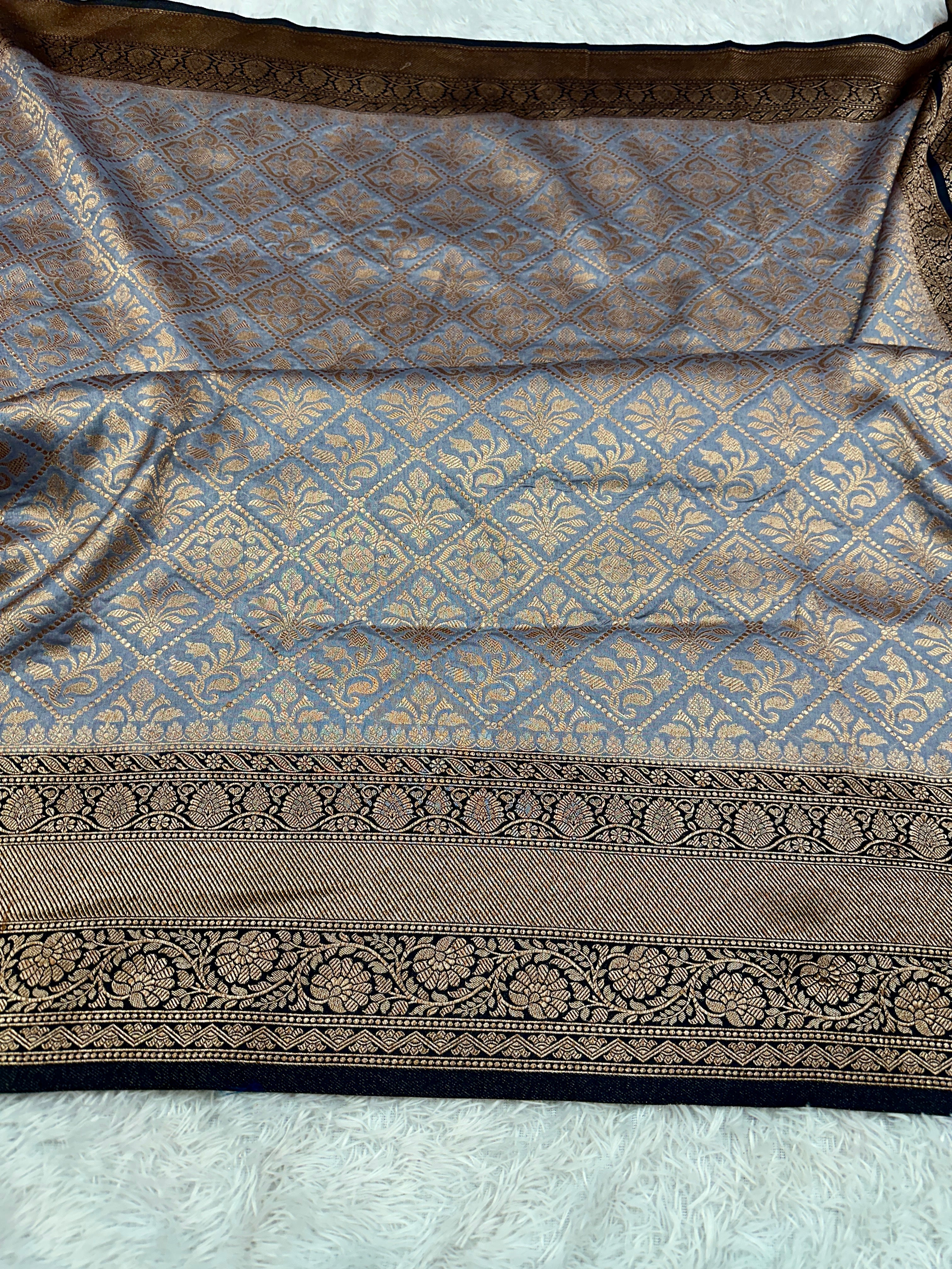 Grey & Black Contrast Banarasi Dupion Silk Saree with Embossed Antique Zari Weaving & Rich Antique Zari Pallu | STF63
