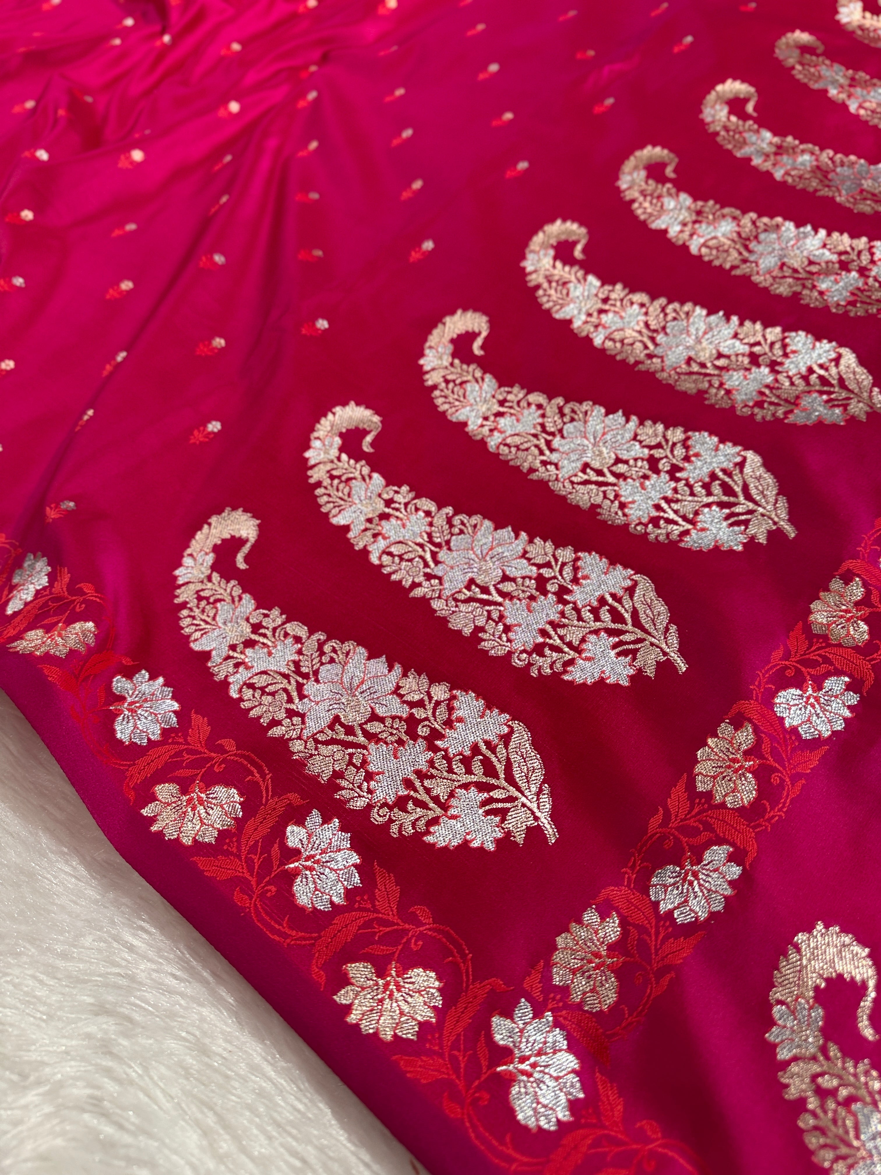 Rani Banarasi Mashru Silk Saree with Dot Buti Weaving & Fancy Jacquard Border MKS104