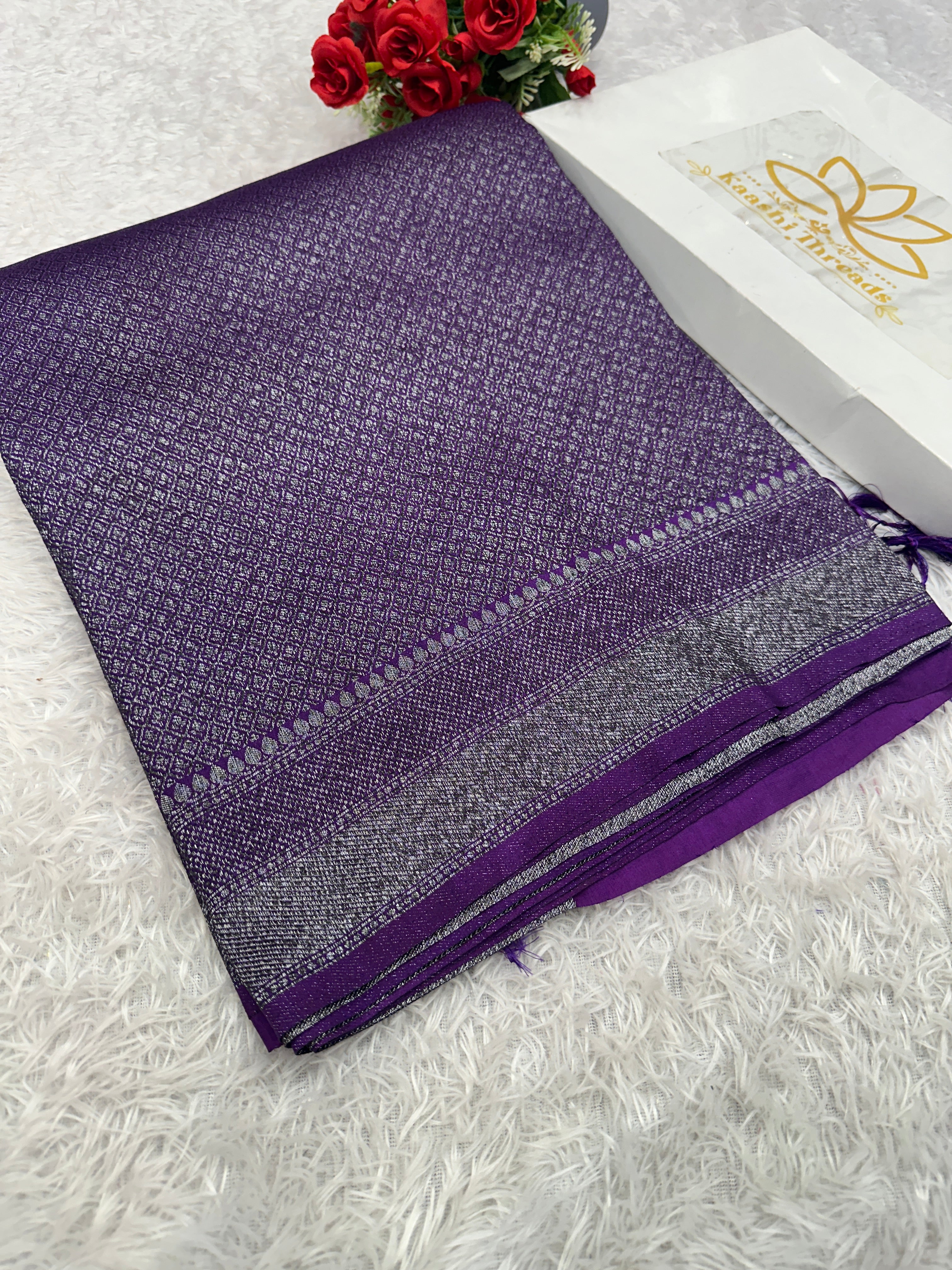 STF56 – Regal Purple Dupion Saree with Embossed Square Woven Designs