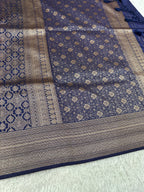 Navy blue Banarasi Dupion Silk Saree with Embossed Antique Zari Weaving & Rich Antique Zari Pallu | STF97