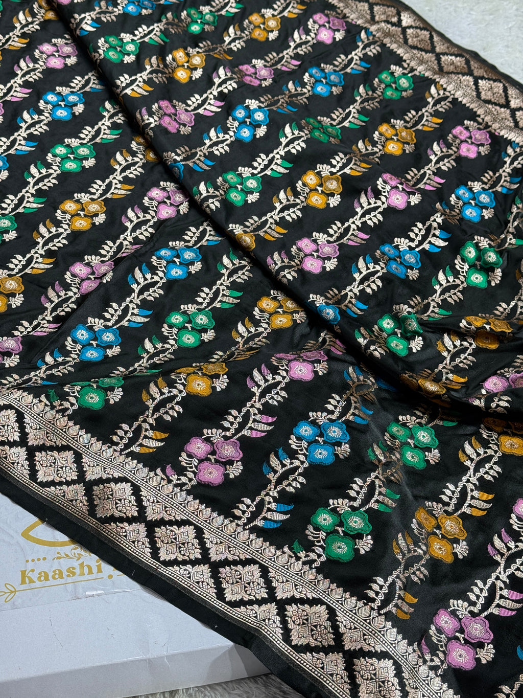 Banarasi Black Mashru Silk Saree with Zari Woven Meena Work – MKS361
