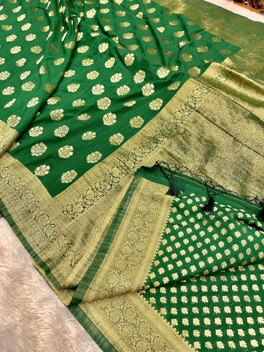 Raw Silk Zari Butaa Green color  Saree RS004