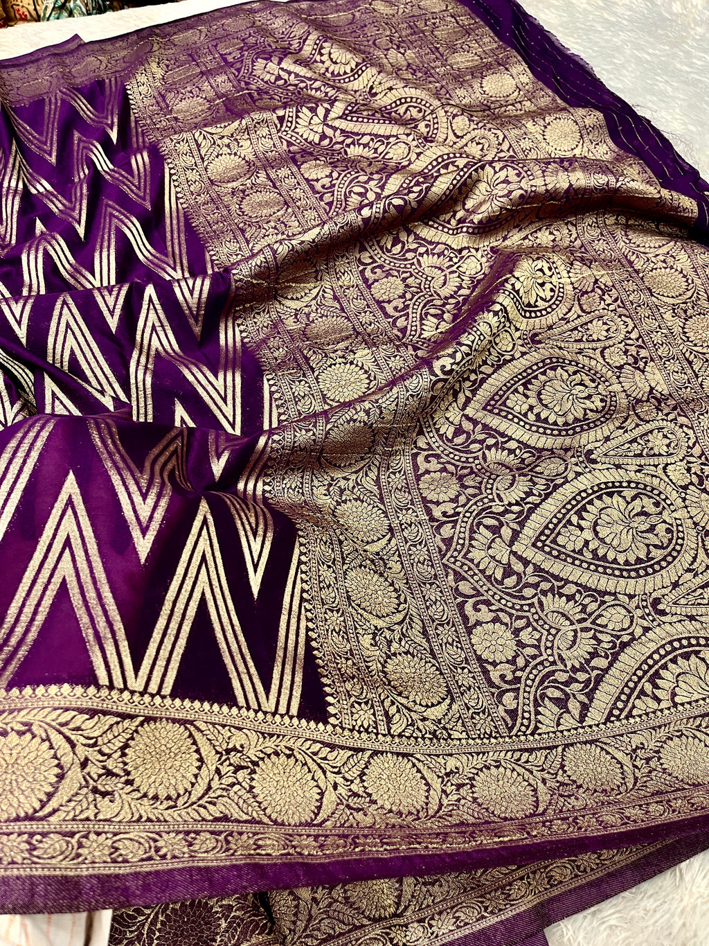 Chinon Silk Zig Zag Design Purple Color Saree CN09