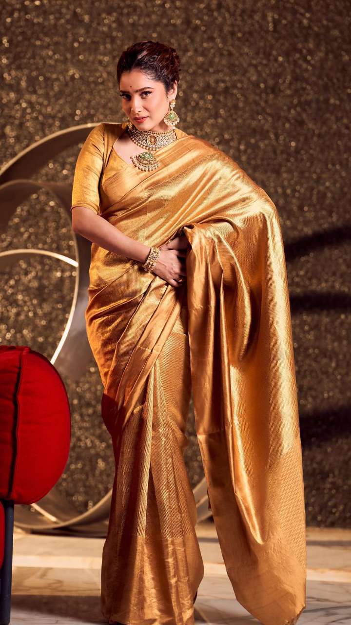Celebrity inspired golden tissue silk Saree Ts119