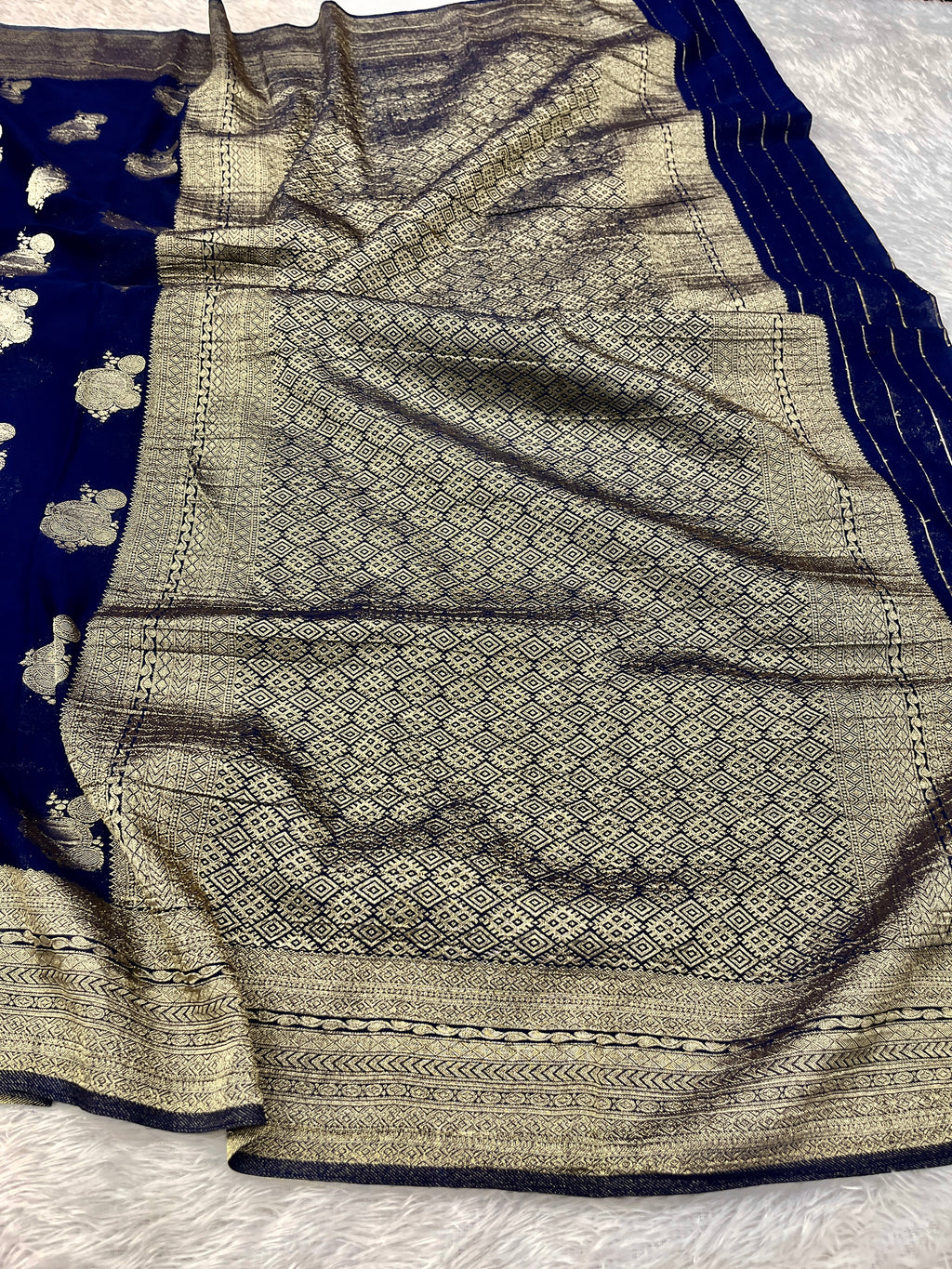 Chinon Silk Karry  Buta  Design Navy color  Saree CN08