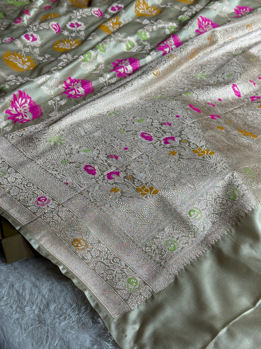 Beige Luxury Banarasi Mashru Silk Saree with Intricate Jaal Meena Work MKS126