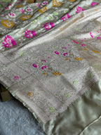Beige Luxury Banarasi Mashru Silk Saree with Intricate Jaal Meena Work MKS126