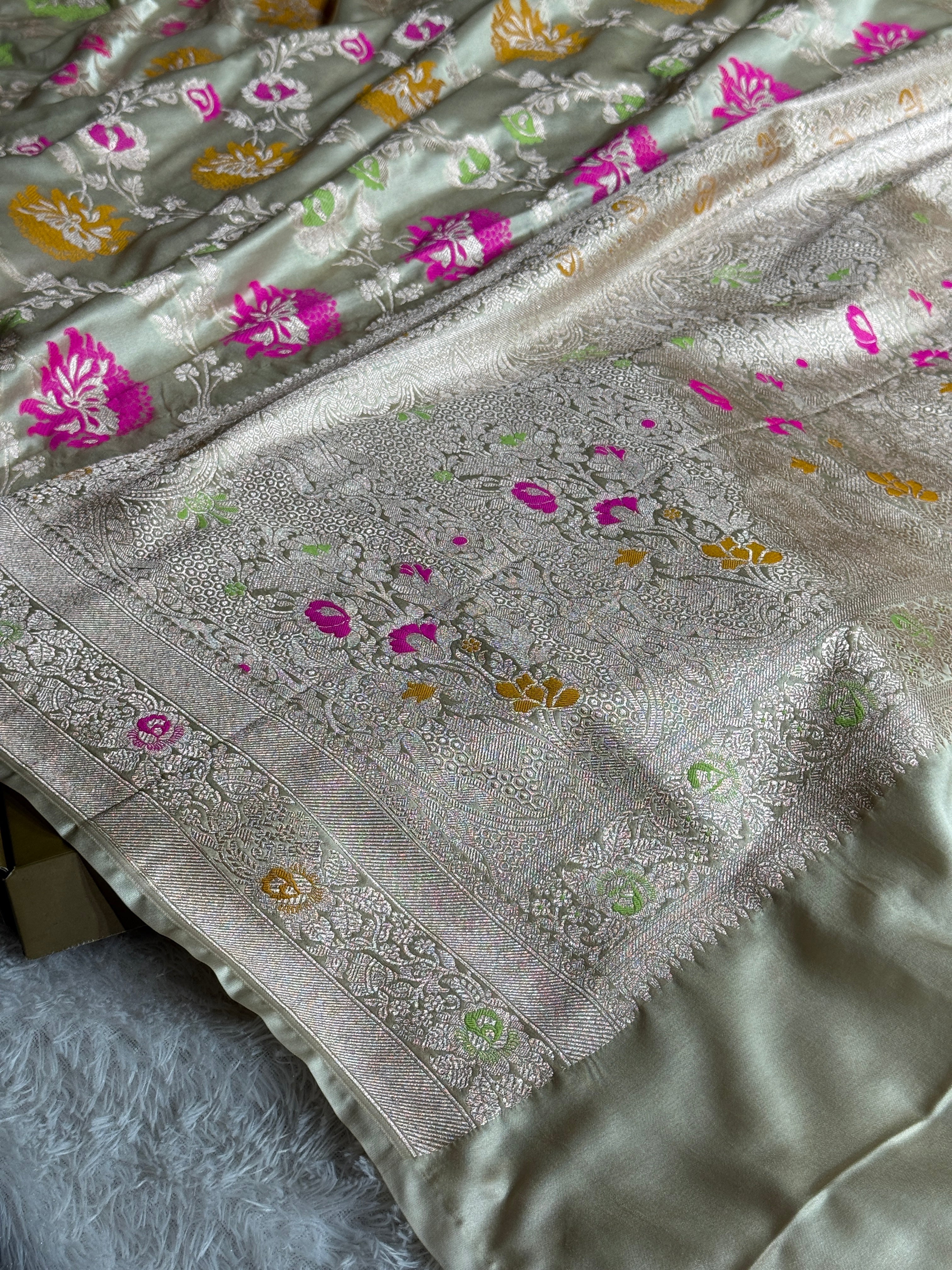 Beige Luxury Banarasi Mashru Silk Saree with Intricate Jaal Meena Work MKS126