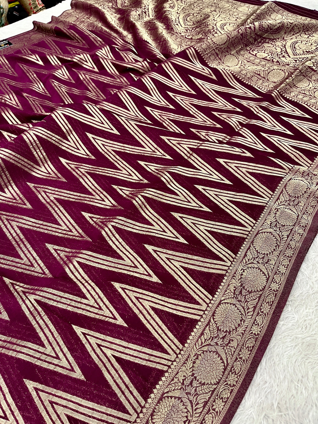 Chinon Silk Zig Zag Design Wine Color Saree CN09