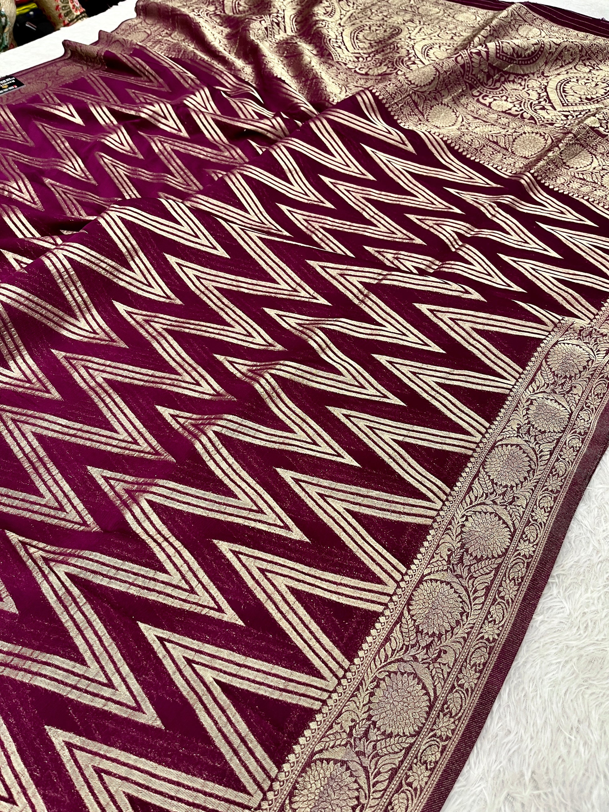 Chinon Silk Zig Zag Design Wine Color Saree CN09