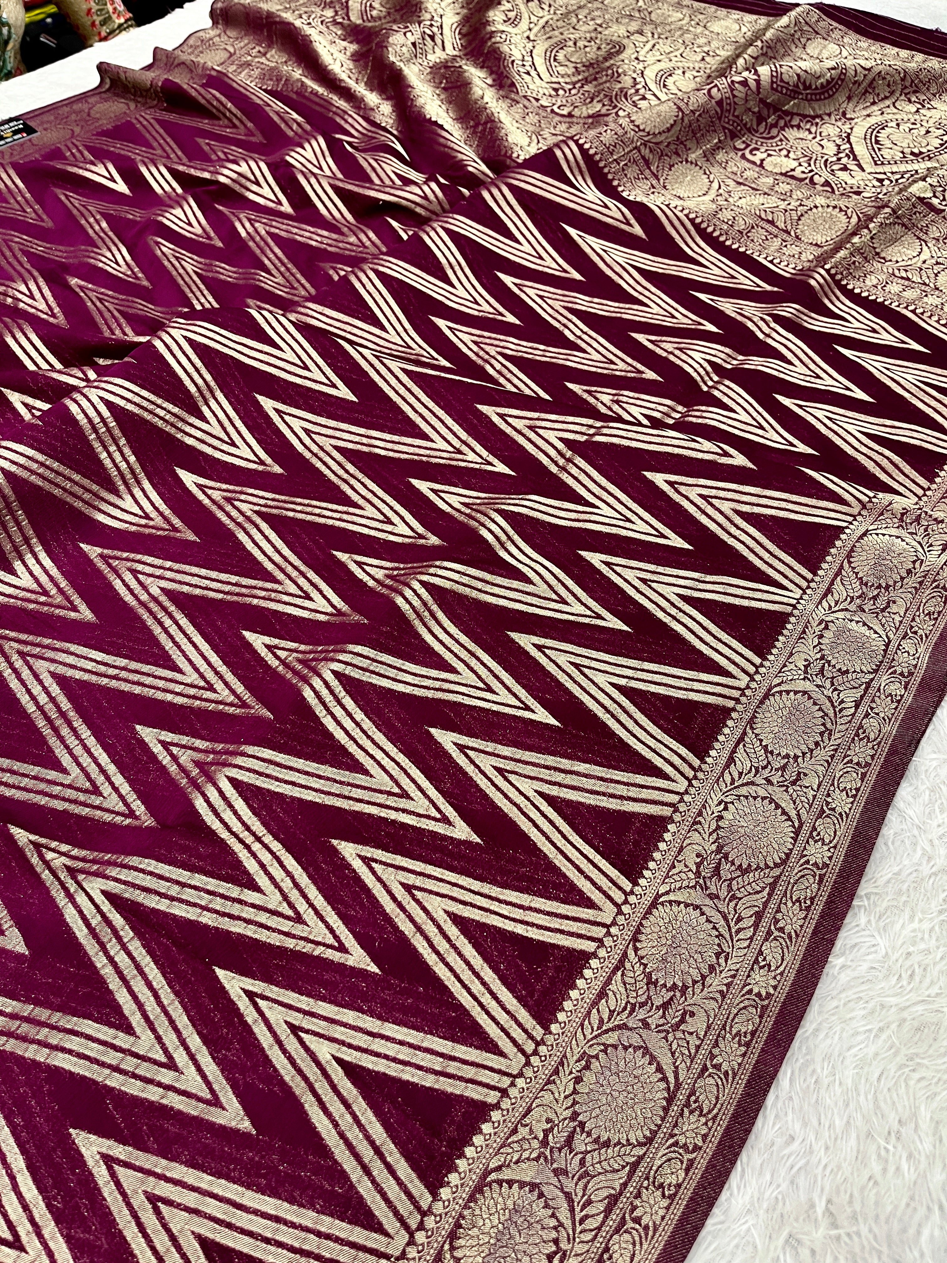 Chinon Silk Zig Zag Design Wine Color Saree CN09