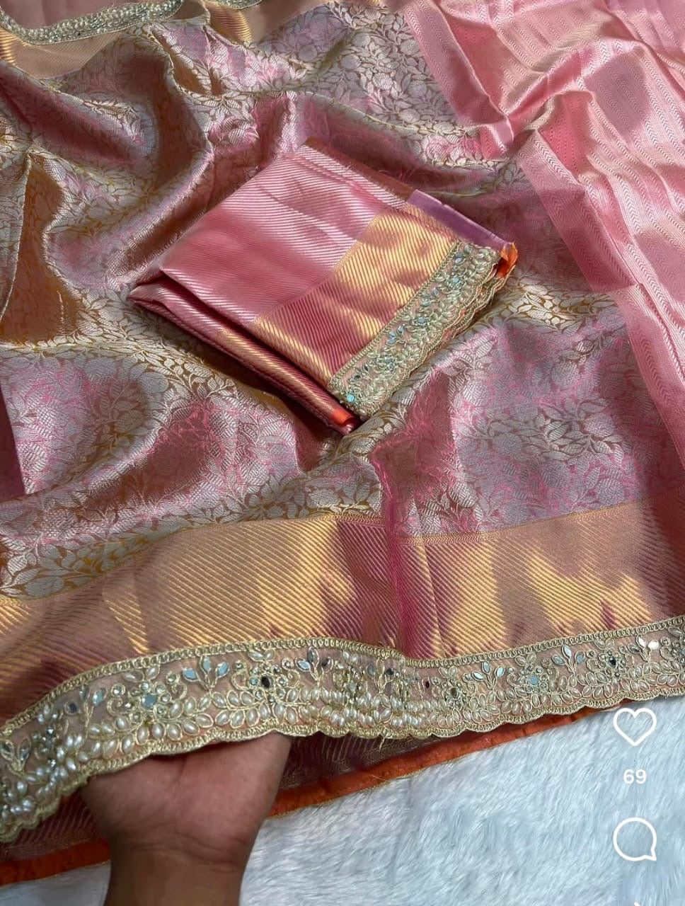 Soft Pink Banarasi Tissue Silk Saree with Golden Zari Work   TS101