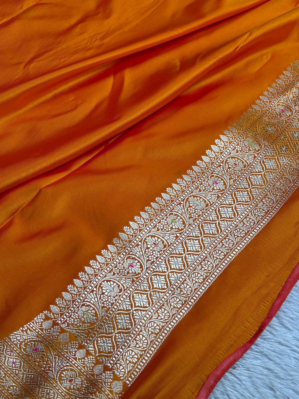 Mustard Orange Meena Kari Jaal Banarasi Satin Mashru Silk Saree MKS2