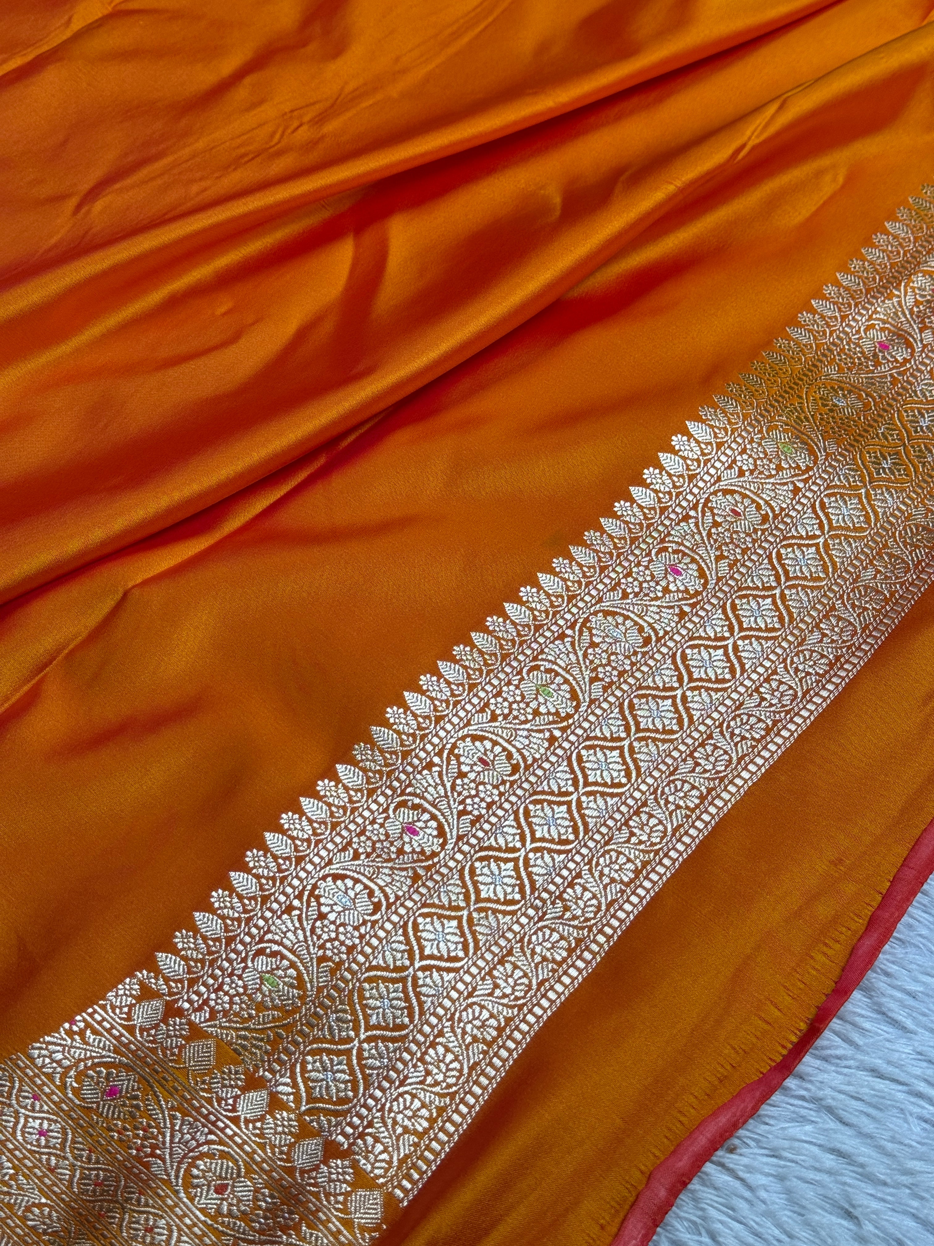 Mustard Orange Meena Kari Jaal Banarasi Satin Mashru Silk Saree MKS2