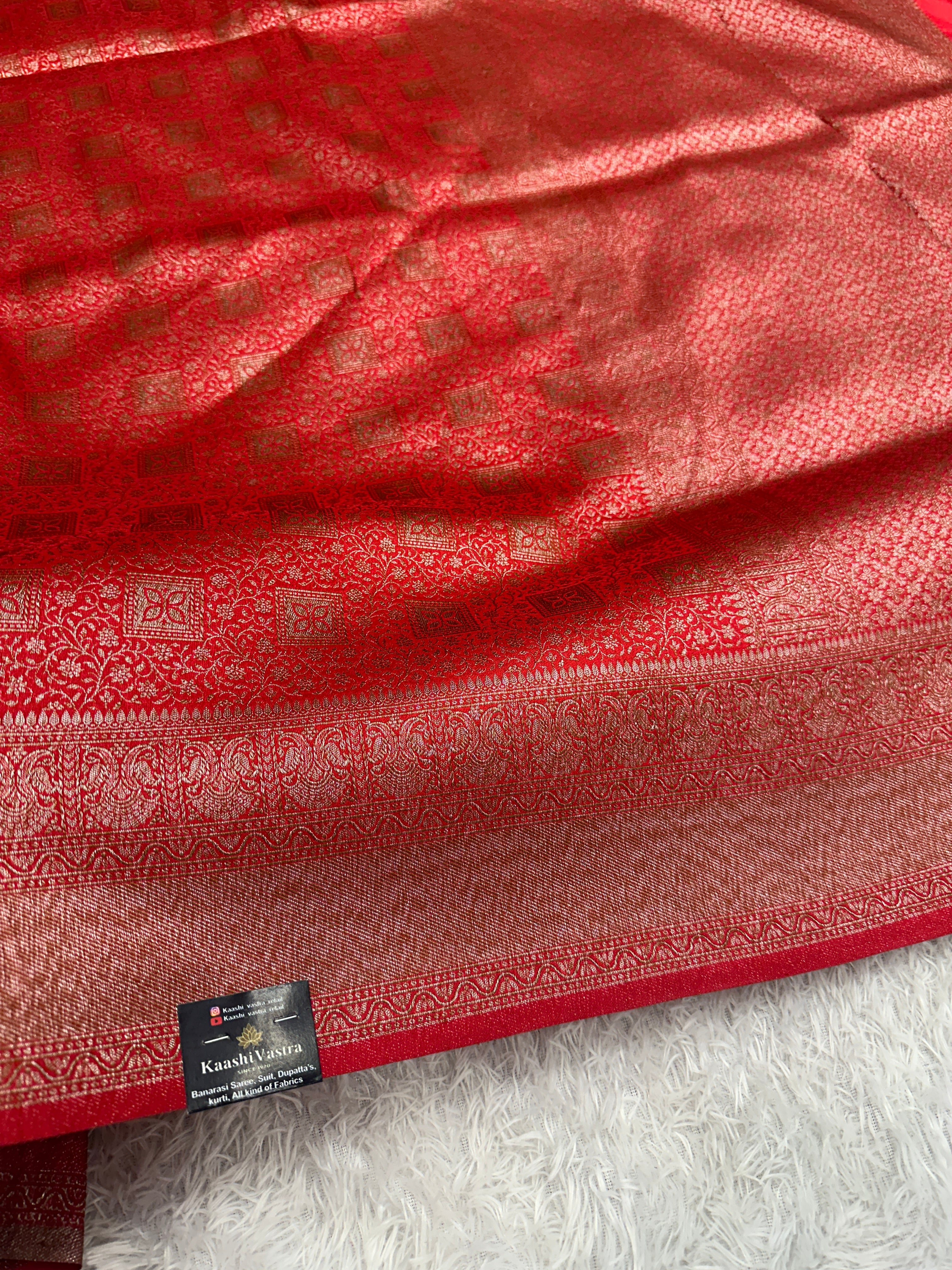 Red Banarasi Dupion Silk Saree with Embossed Antique Zari Weaving & Rich Antique Zari Pallu | STF107