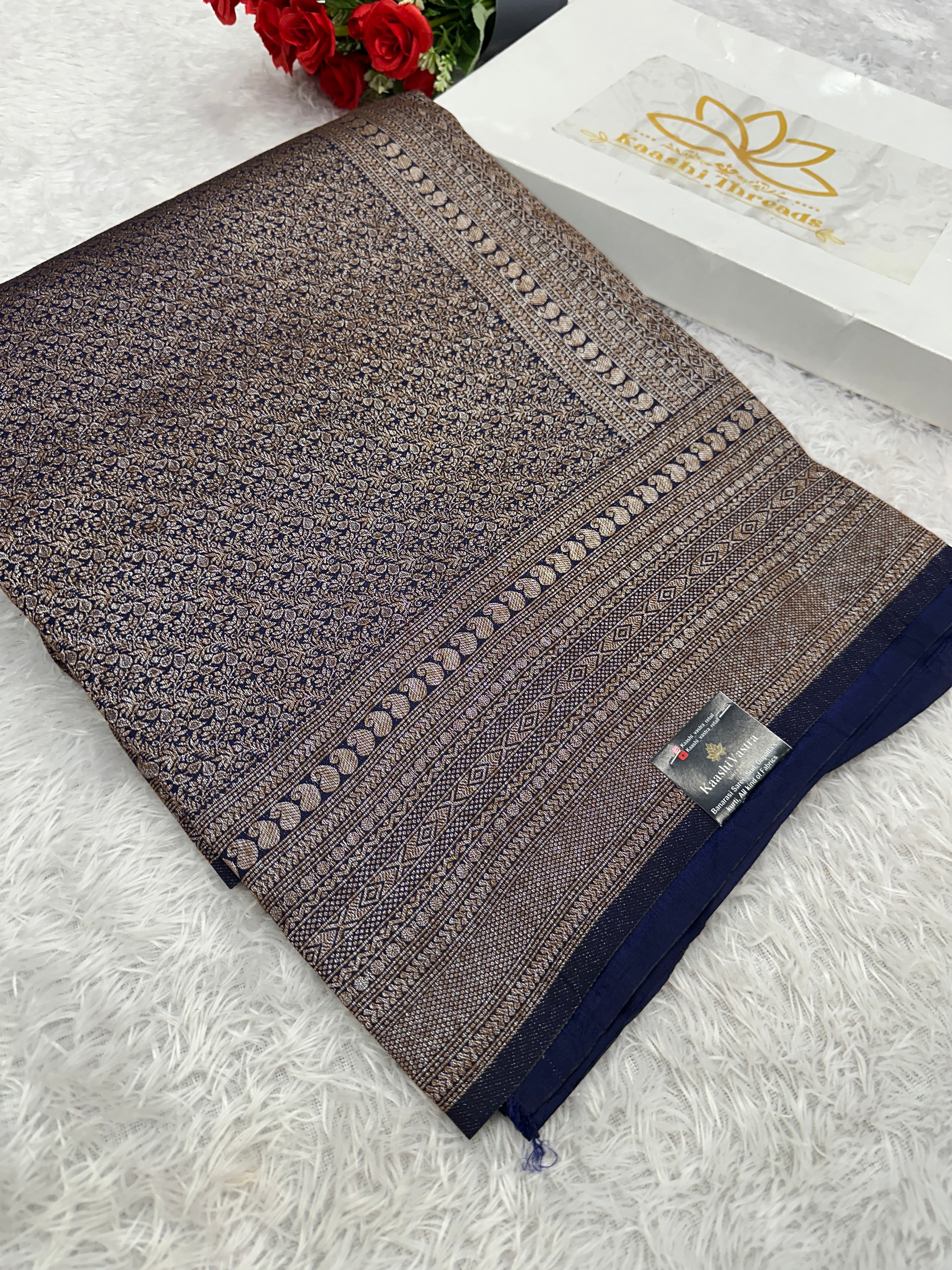 Navy blue Banarasi Dupion Silk Saree with Embossed Antique Zari Weaving & Rich Antique Zari Pallu | STF93