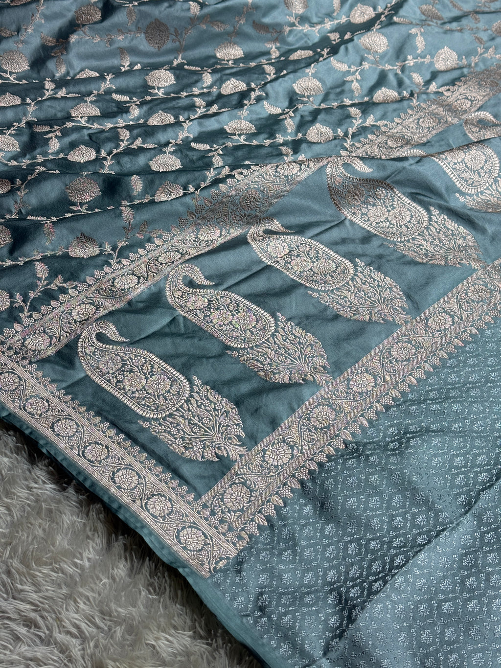 Grey Banarasi Mashru Silk Saree | Satin Finish | Jaal Woven Pattern | Running Blouse MKS228
