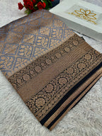 Grey & Black Contrast Banarasi Dupion Silk Saree with Embossed Antique Zari Weaving & Rich Antique Zari Pallu | STF63