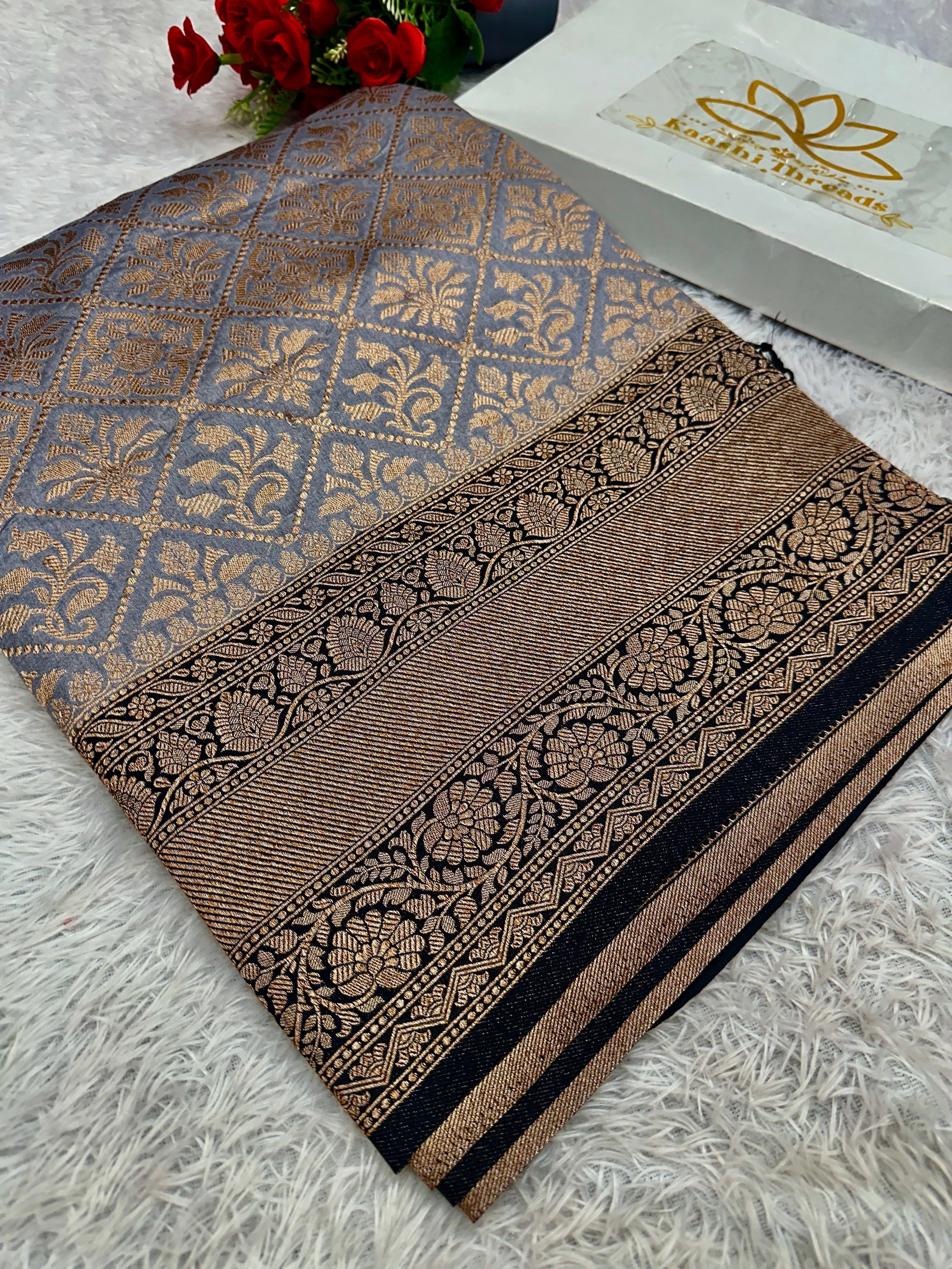 Grey & Black Contrast Banarasi Dupion Silk Saree with Embossed Antique Zari Weaving & Rich Antique Zari Pallu | STF63