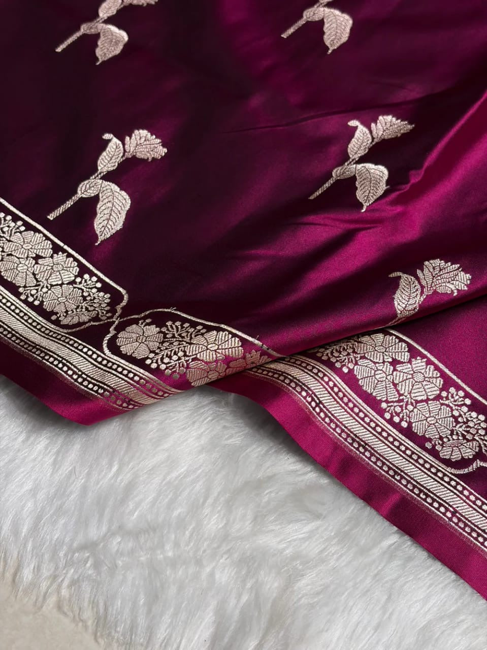 Banarasi Mashru Kataan Silk Saree Featuring Flower Buta Design with Ikkat Border and Zari Pallu – MKS409