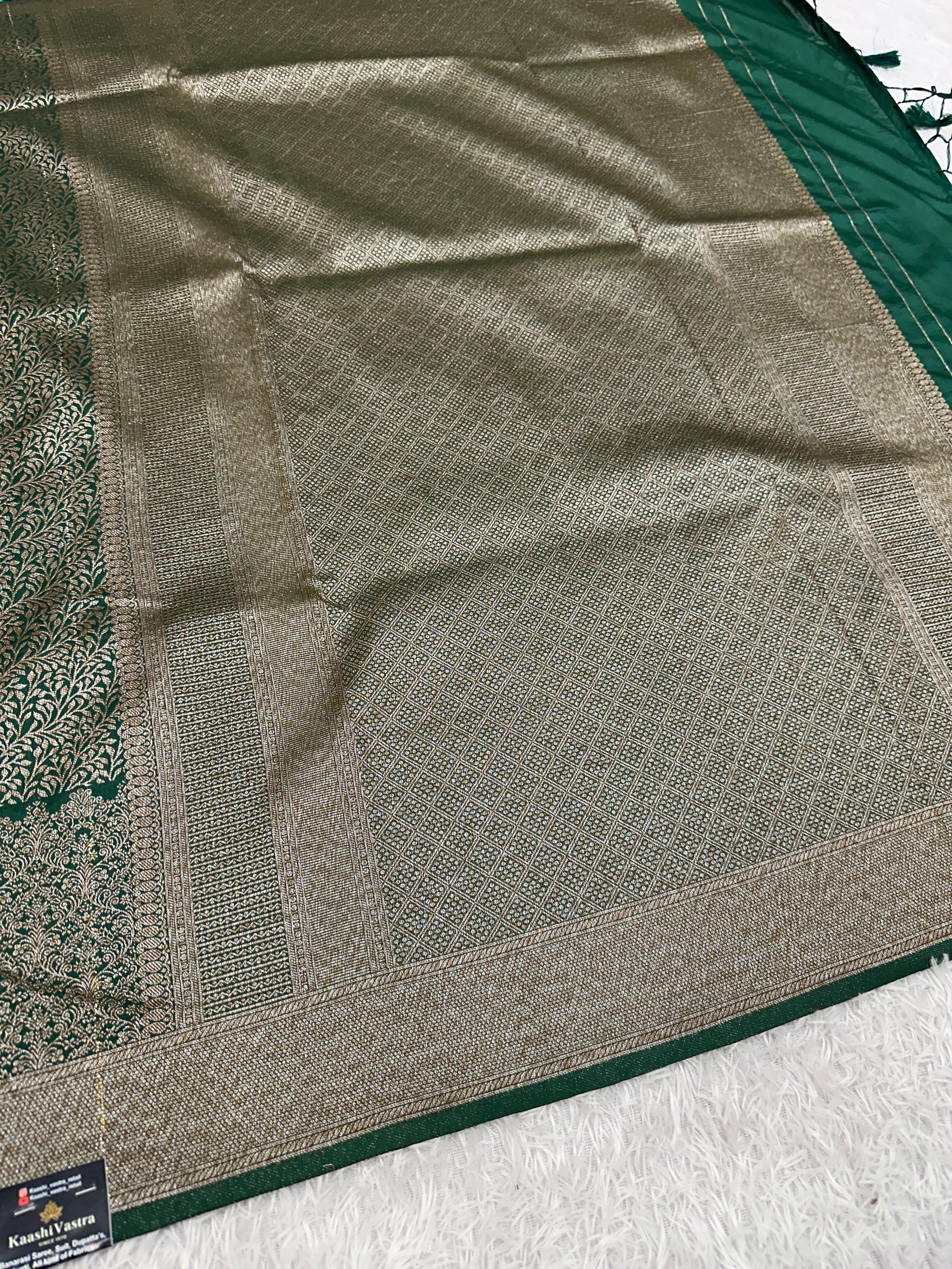 Bottle Green Banarasi Dupion Silk Saree with Embossed Antique Zari Weaving & Rich Antique Zari Pallu | STF98