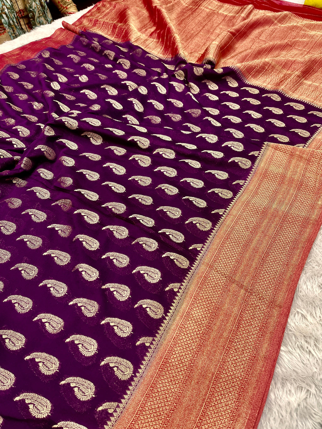 Chinon Silk Karry  Buta  Design Wine with Red color  Saree CN07