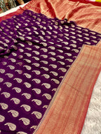 Chinon Silk Karry  Buta  Design Wine with Red color  Saree CN07