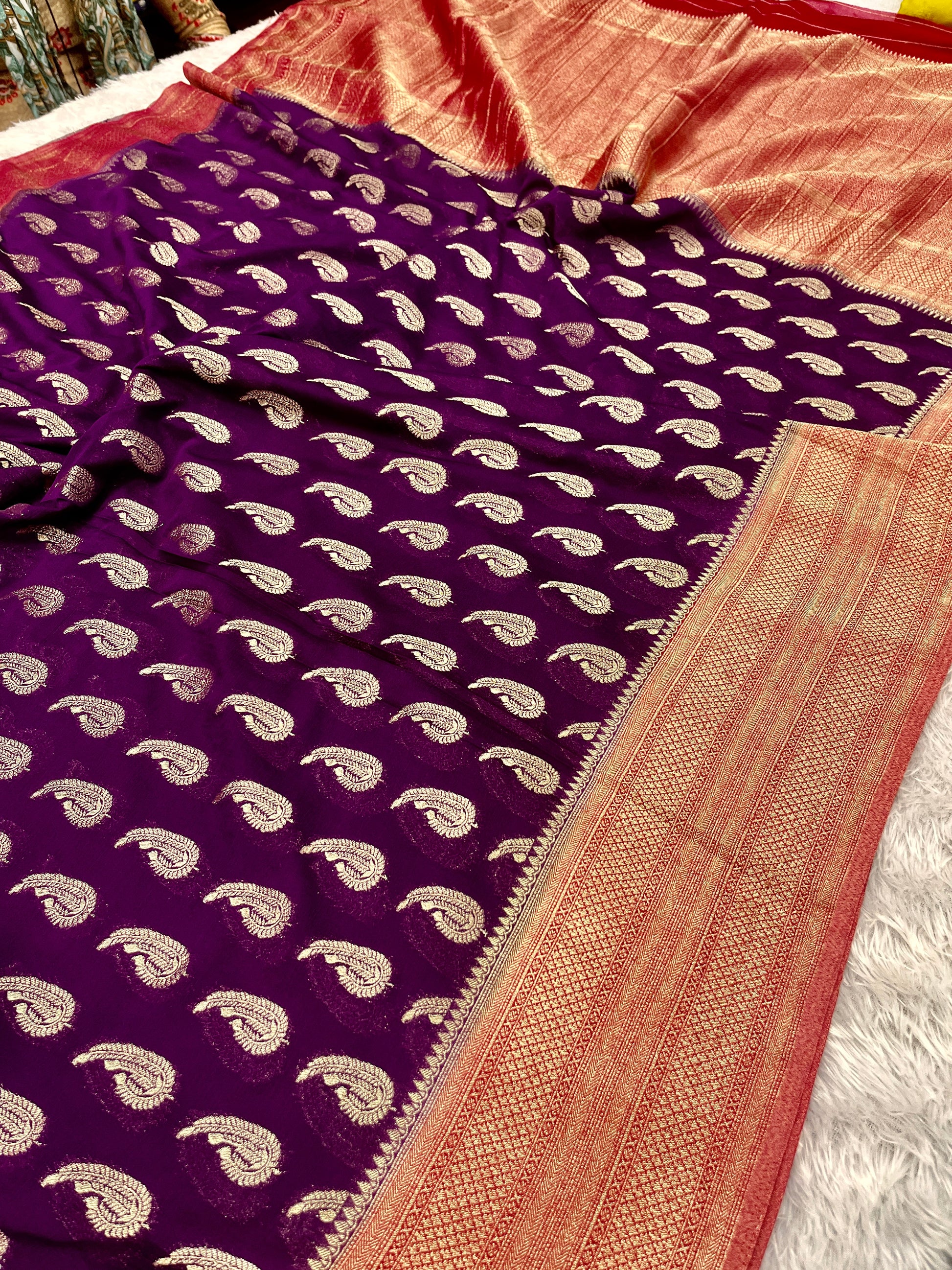 Chinon Silk Karry  Buta  Design Wine with Red color  Saree CN07