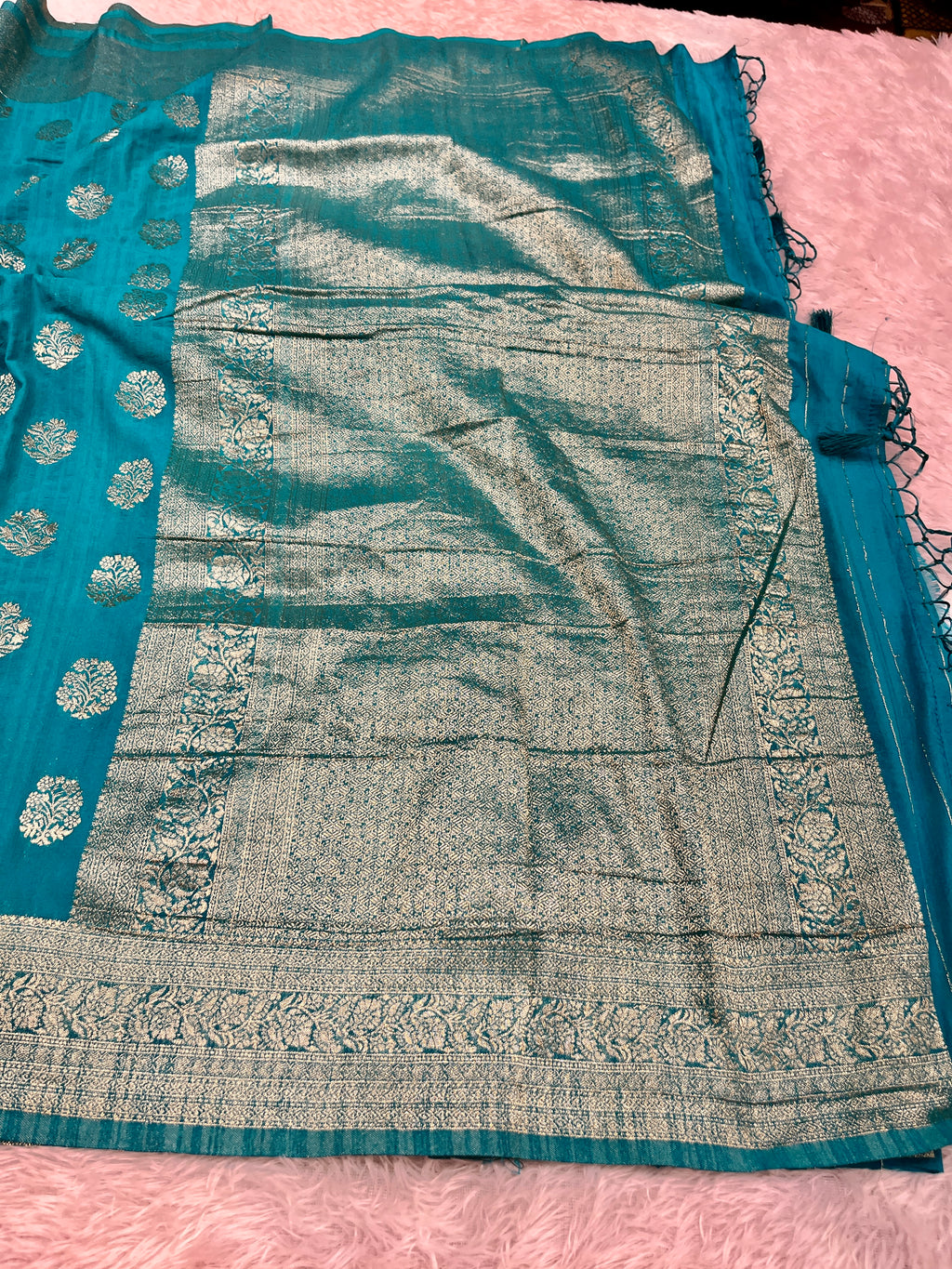 Raw Silk Zari Butaa  Sea blue color  Saree RS004