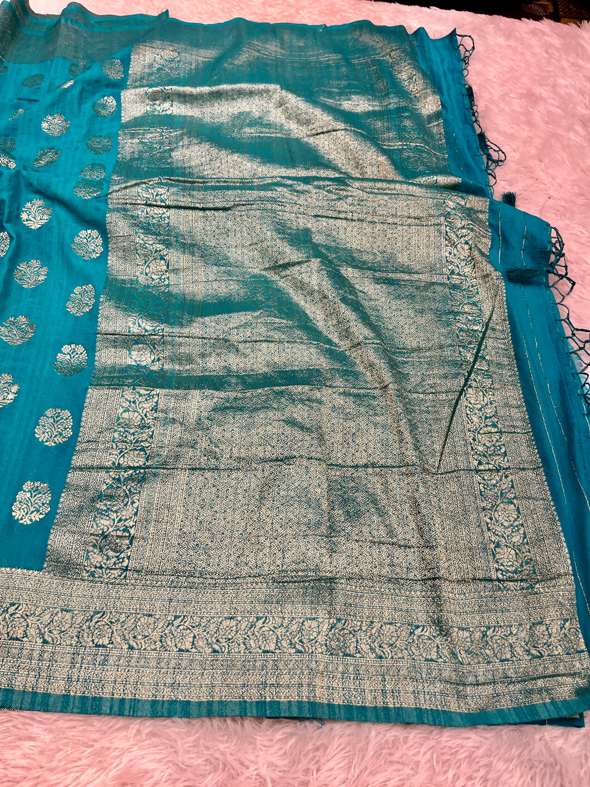 Raw Silk Zari Butaa  Sea blue color  Saree RS004